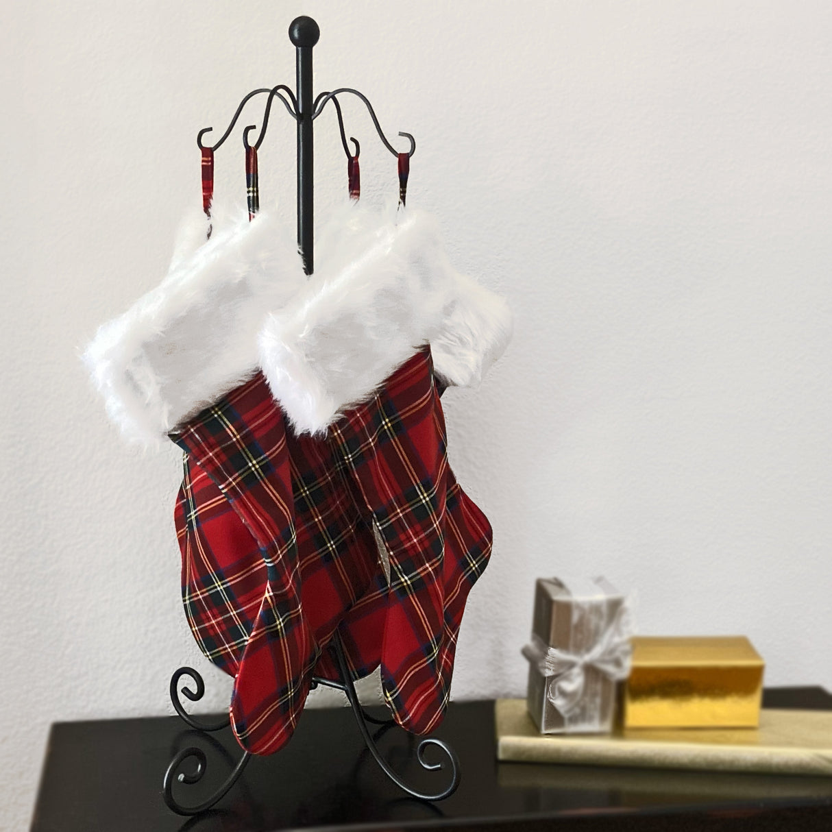 Plaid HangRight Stocking with White Faux Fur Cuff
