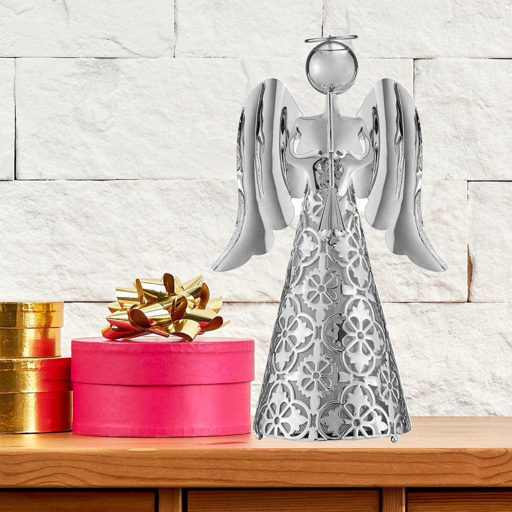 9 Inch LED Pre-lit Silver Plastic Tabletop Angel Christmas Decor With Built-in Timer