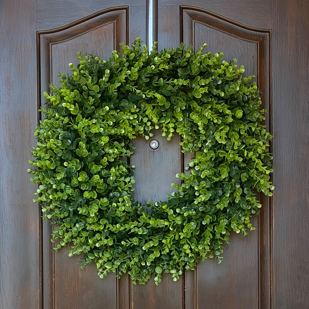 24 Inch Premium Artificial Boxwood Wreath - 100% Recycled Plastic & Natural Grapevine