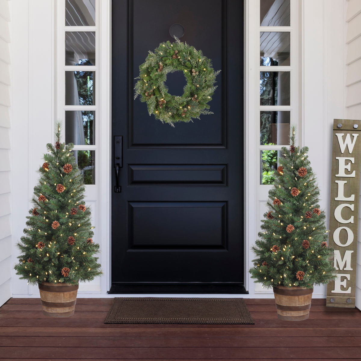 4 Foot Tall Whiskey Barrel Potted Trees with Real Pinecones (Set of 2 Potted Trees)