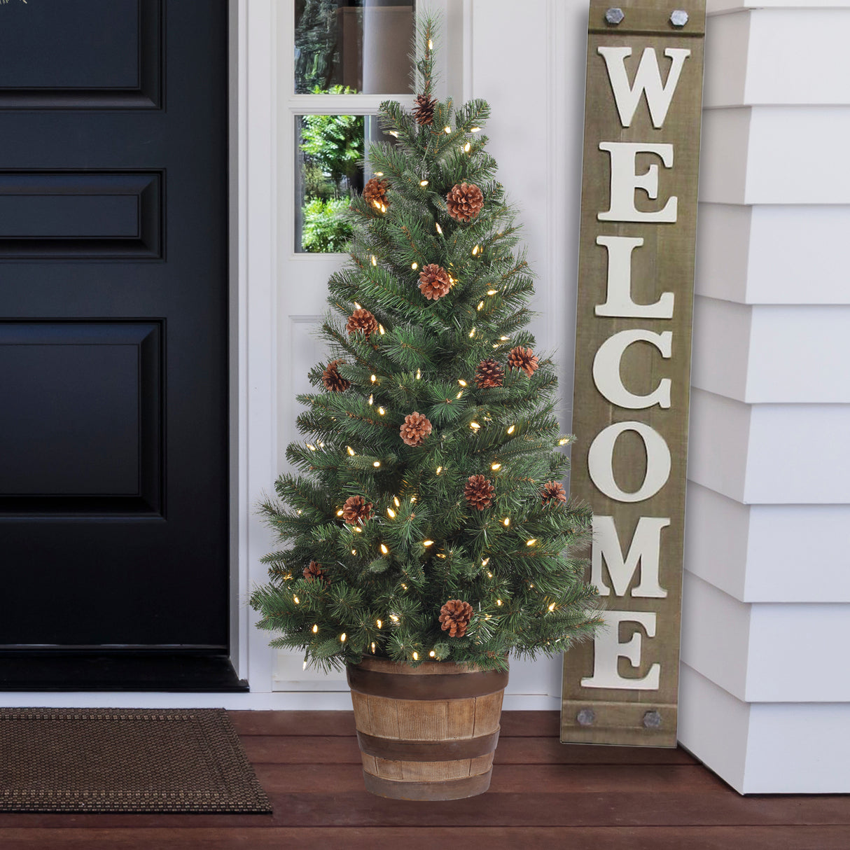 4 Ft. Tall Whiskey Barrel Potted Christmas Tree with Warm White T5 LED Lights