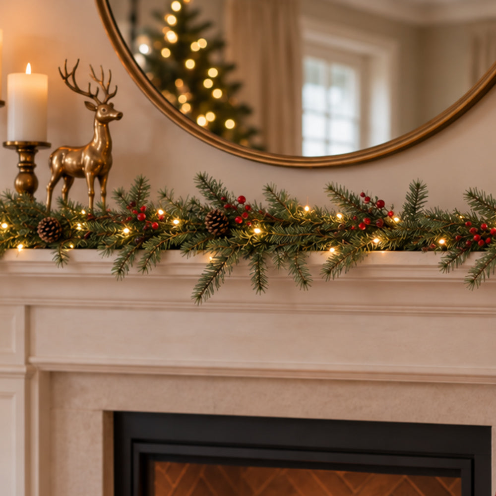 Classic Forest Pre-Lit Christmas Garland- 9 Feet Long with Twinkle Lights and Real Pinecones