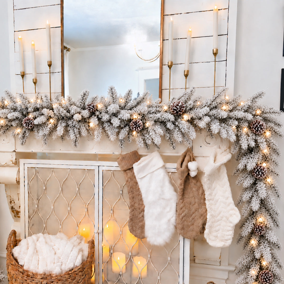 Snowy Stockbridge Pre-Lit 9 Ft. Flocked Garland with Twinkle Lights and Silver Glitter Pinecones