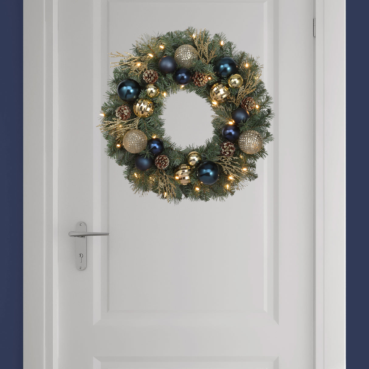 Haute Decor 24 Inch Sutton Place Christmas Wreath with Blue and Gold Shatterproof Ornaments