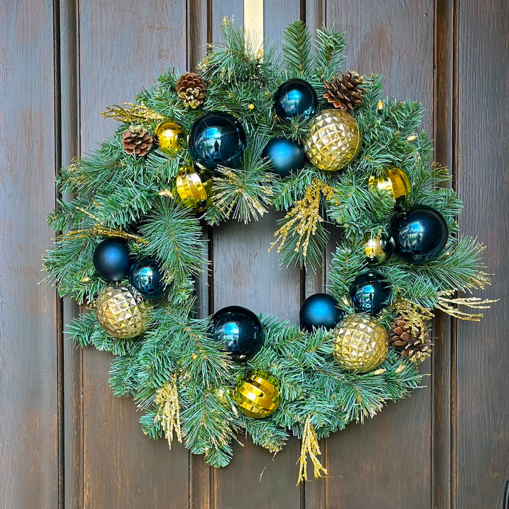 Haute Decor 24 Inch Sutton Place Christmas Wreath with Blue and Gold Shatterproof Ornaments