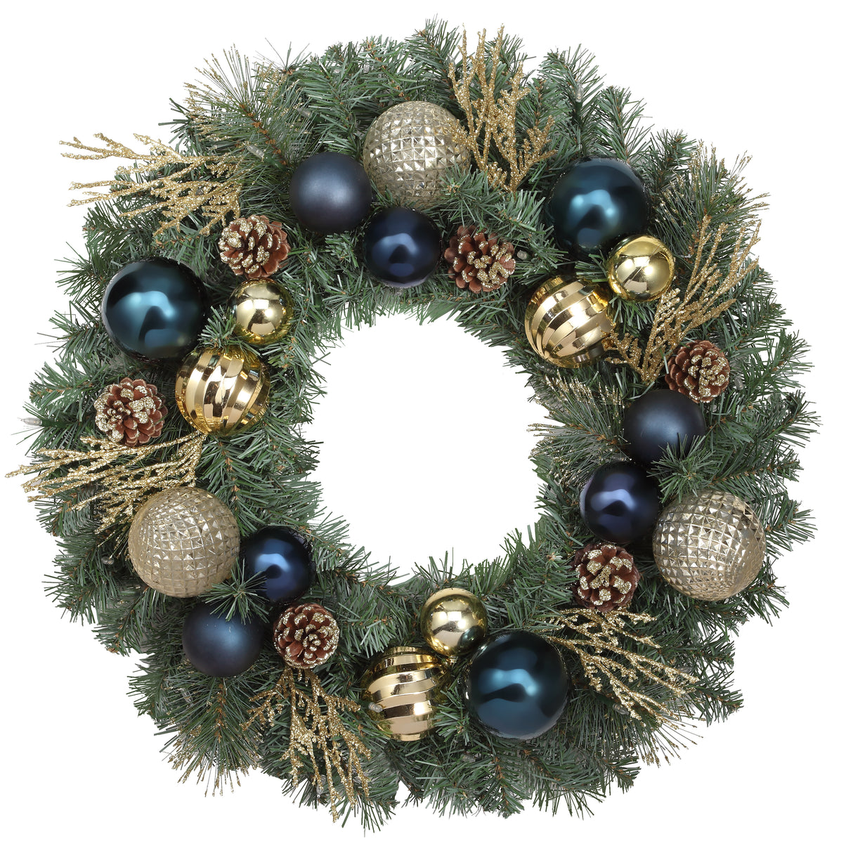 Haute Decor 24 Inch Sutton Place Christmas Wreath with Blue and Gold Shatterproof Ornaments
