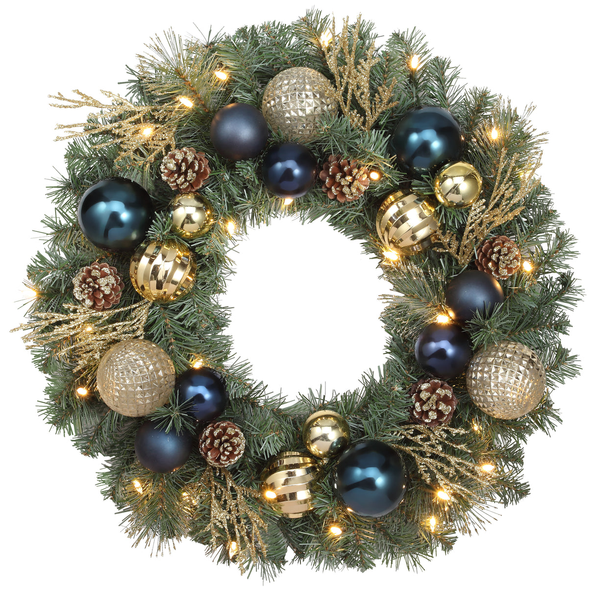 Haute Decor 24 Inch Sutton Place Christmas Wreath with Blue and Gold Shatterproof Ornaments