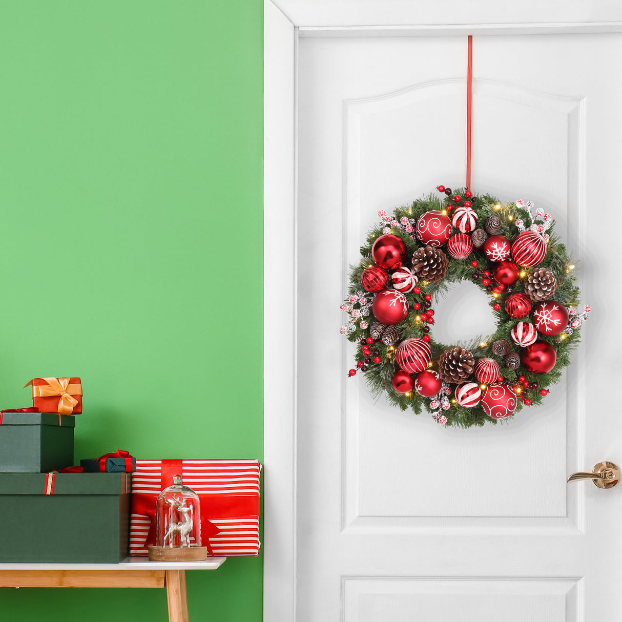 Haute Decor 26 Inch Holiday Times Wreath with Patterned Red and White Shatterproof Ornaments, Berries, and Real Pinecones