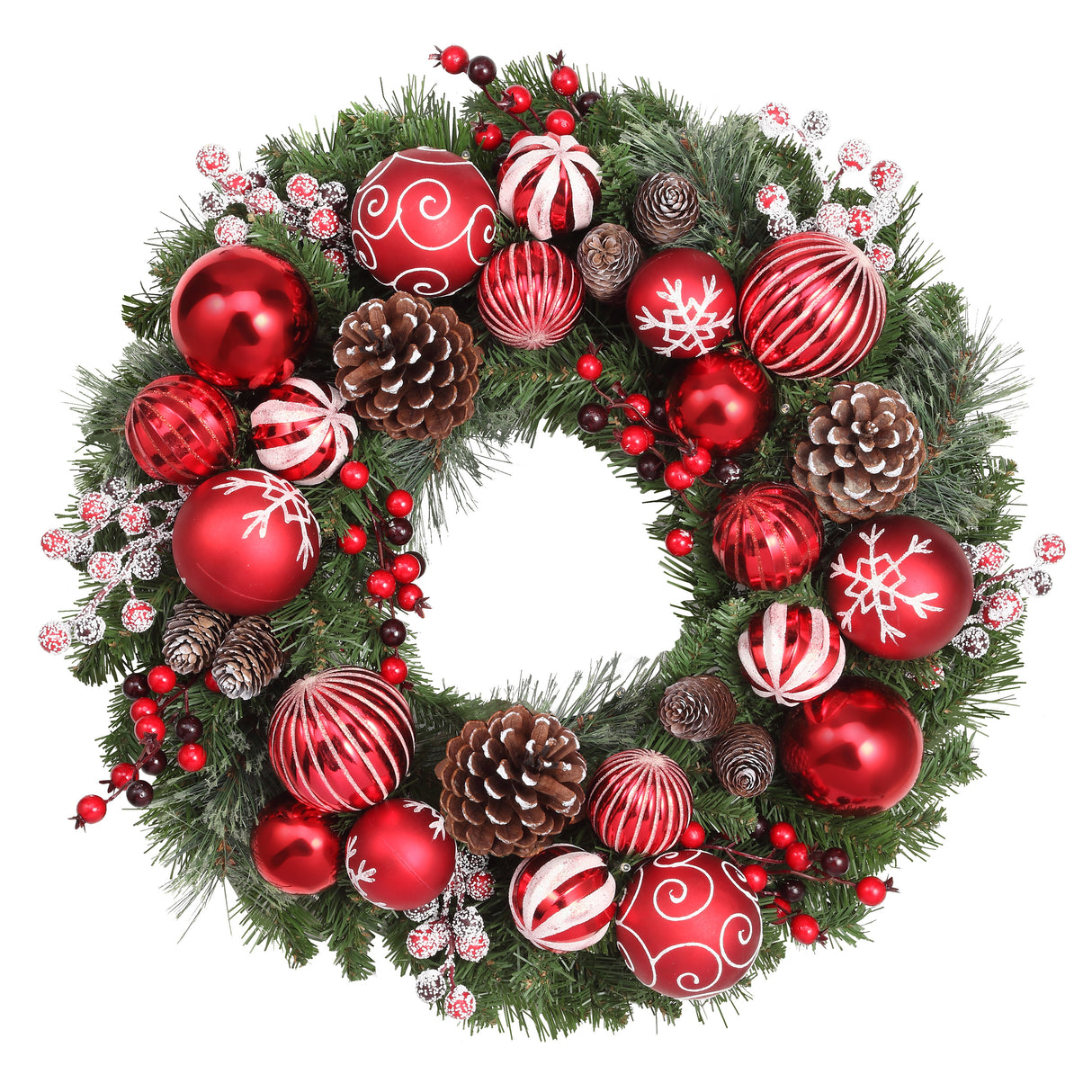 Haute Decor 26 Inch Holiday Times Wreath with Patterned Red and White Shatterproof Ornaments, Berries, and Real Pinecones