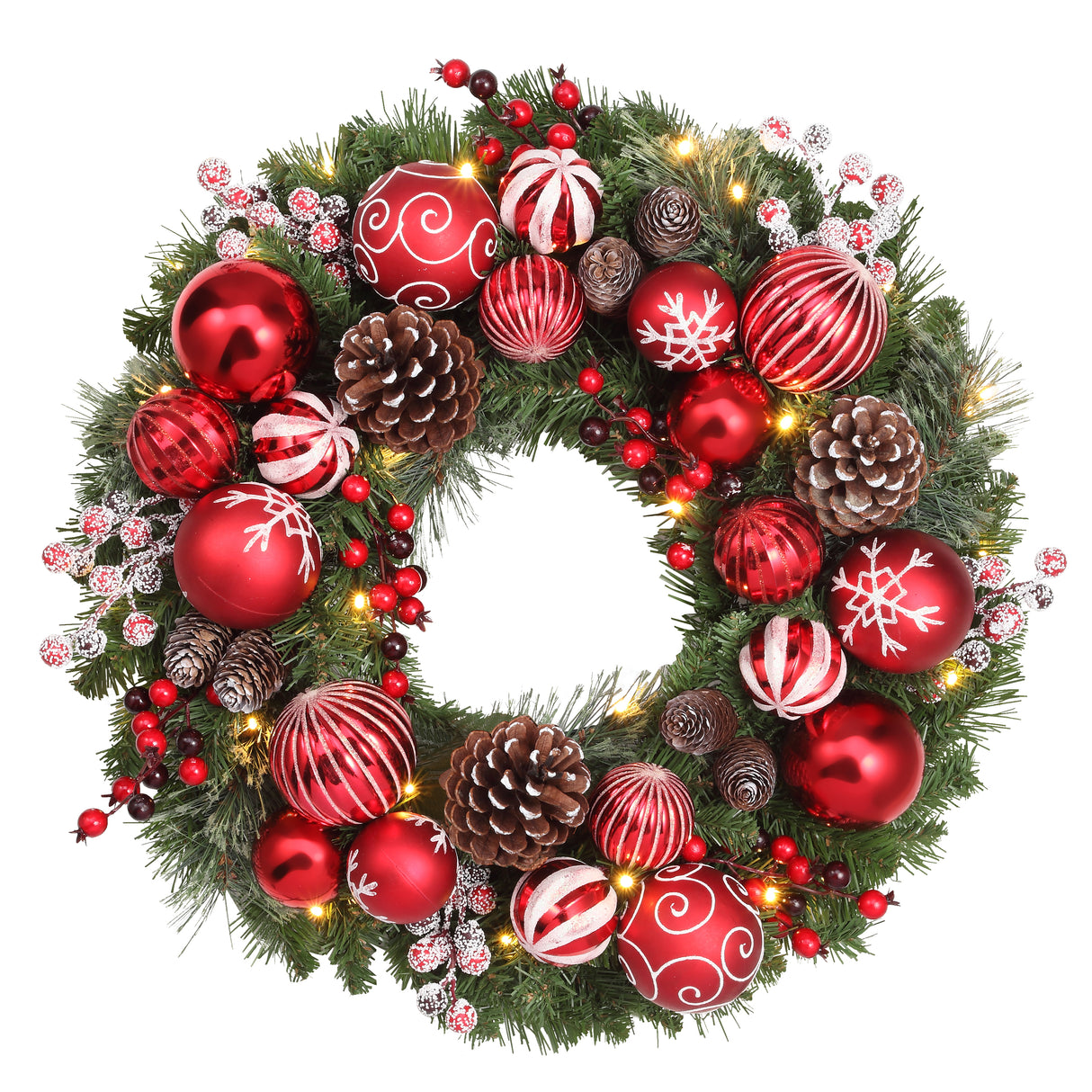 Haute Decor 26 Inch Holiday Times Wreath with Patterned Red and White Shatterproof Ornaments, Berries, and Real Pinecones