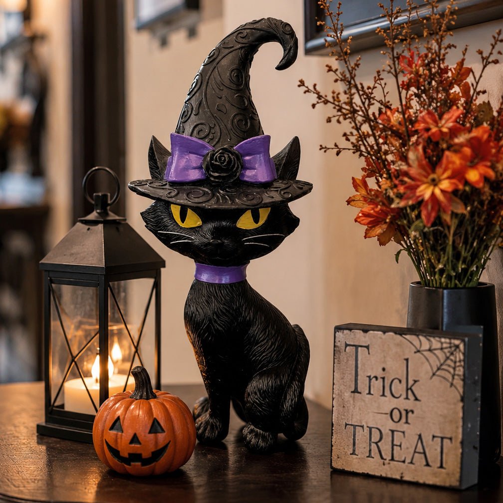 Halloween Black Cat 14 Inch Tall Tabletop Decoration with Purple Accents