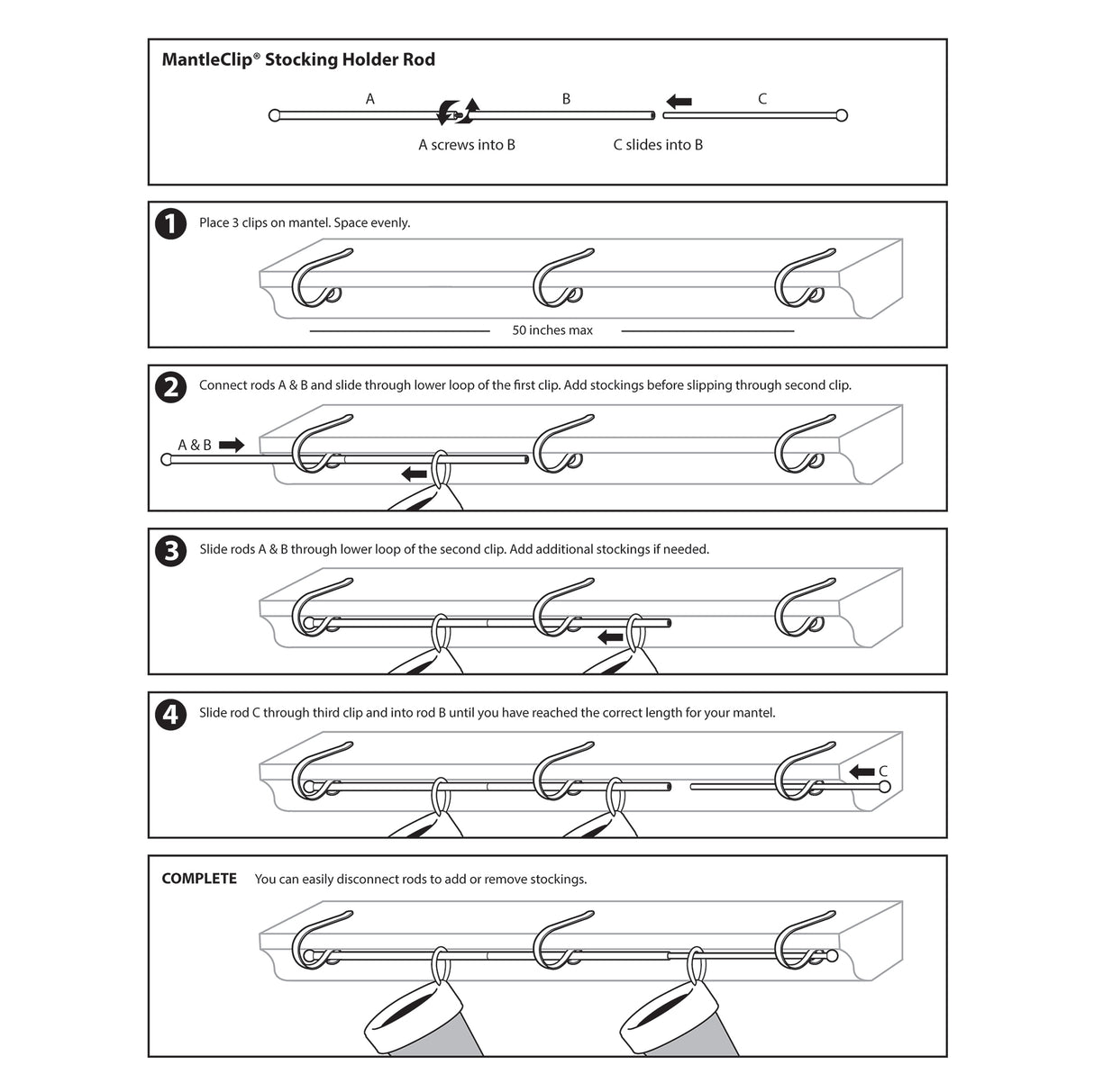 The Original MantleClip Stocking Holder Rod - Matte Black - Holds Many Stockings