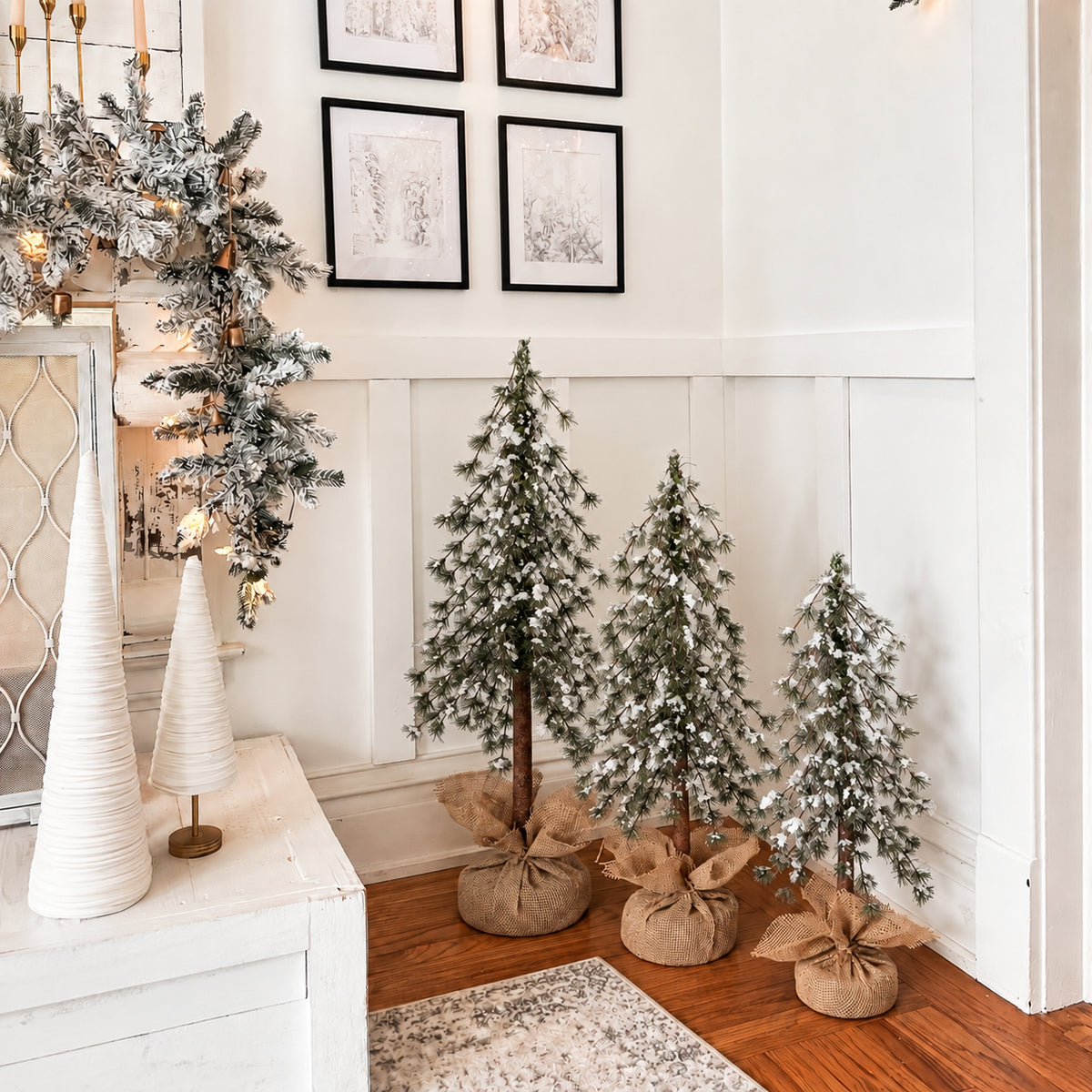 Set of 3 Snow Capped Unlit Alpine Trees with Wrapped Burlap Bases - 24 in., 30 in., and 36 in. Sizes