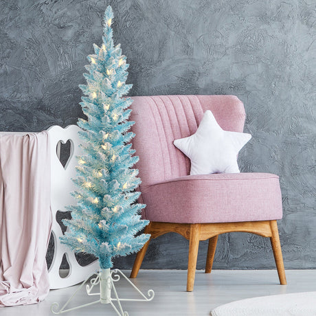 Christmas Tree - 4 Foot Prelit Blue Cotton Candy Flocked Fir Christmas Tree
