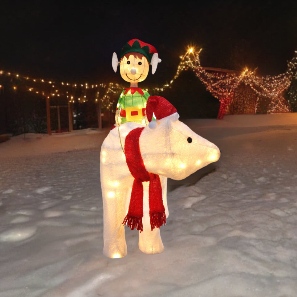 Outdoor Decor - Elf Riding Polar Bear Duo Outdoor Lighted Christmas Yard Decor