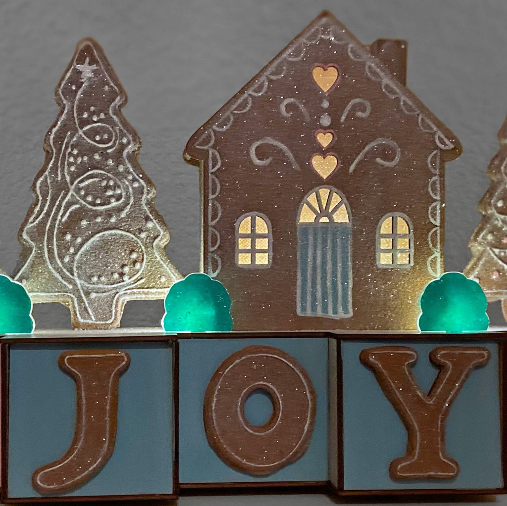 Seasonal & Holiday Decorations - JOY Blocks With Gingerbread House And Trees, LED Lights, 15 Inches Long