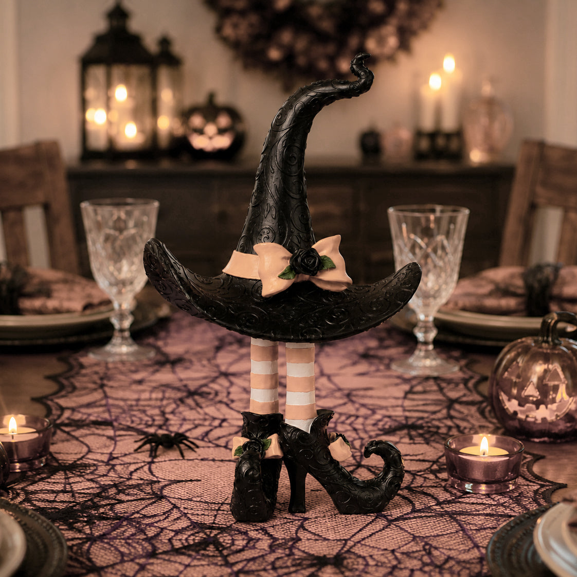 Witch Hat with Legs Figurine Tabletop and Mantel Decor (Orange/Black)