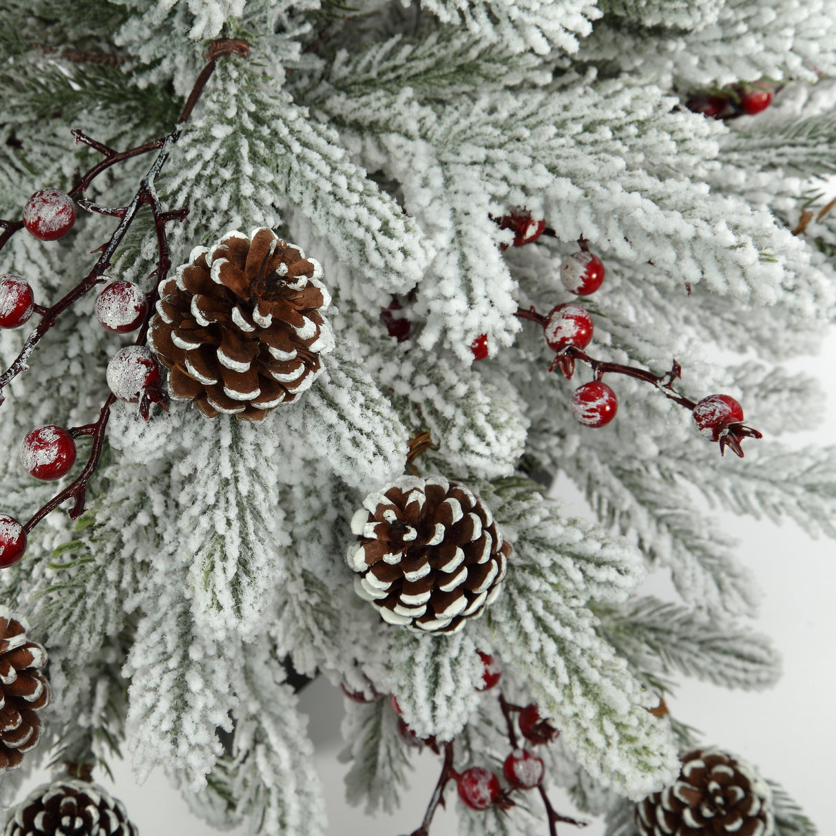 Christmas Tree - 36 Inch Unlit Flocked Stockhorn Potted Fir Tree With Berries And Pinecones In Black Wooden Pot