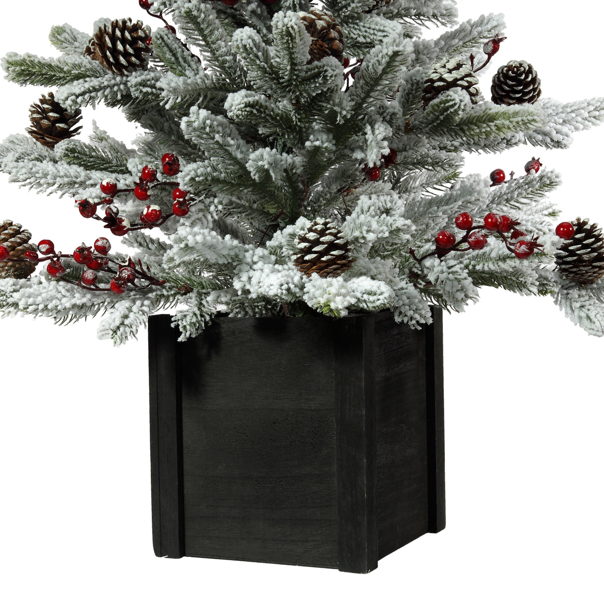 Christmas Tree - 36 Inch Unlit Flocked Stockhorn Potted Fir Tree With Berries And Pinecones In Black Wooden Pot