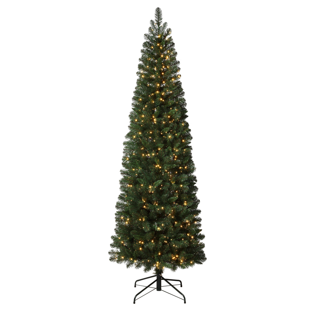 Christmas Tree - 7.5 Foot Pencil Deerfield Spruce Tree With Warm Pre-Lit LED Cluster Lights And Foot Pedal