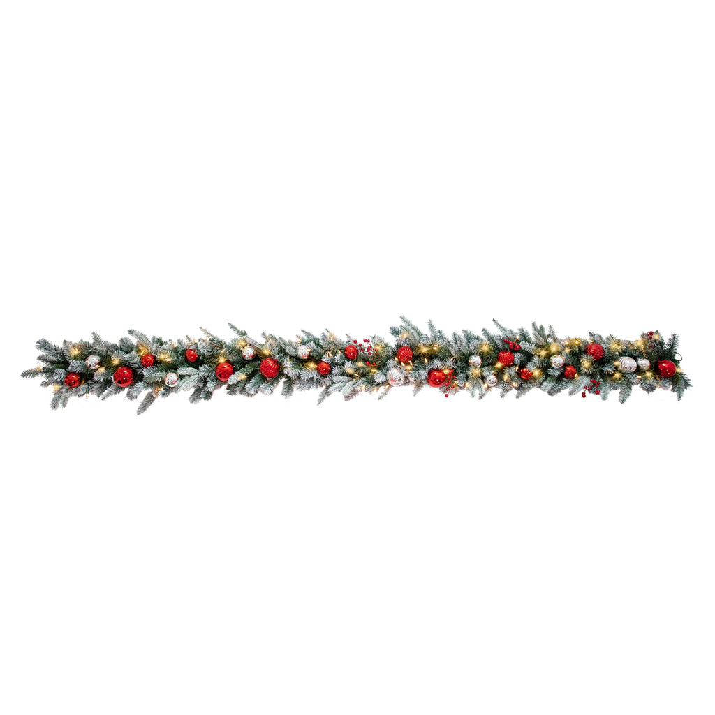 Garland - 9 Foot Frosted Pre-lit Christmas Garland - Red And Silver Shatterproof Ornaments