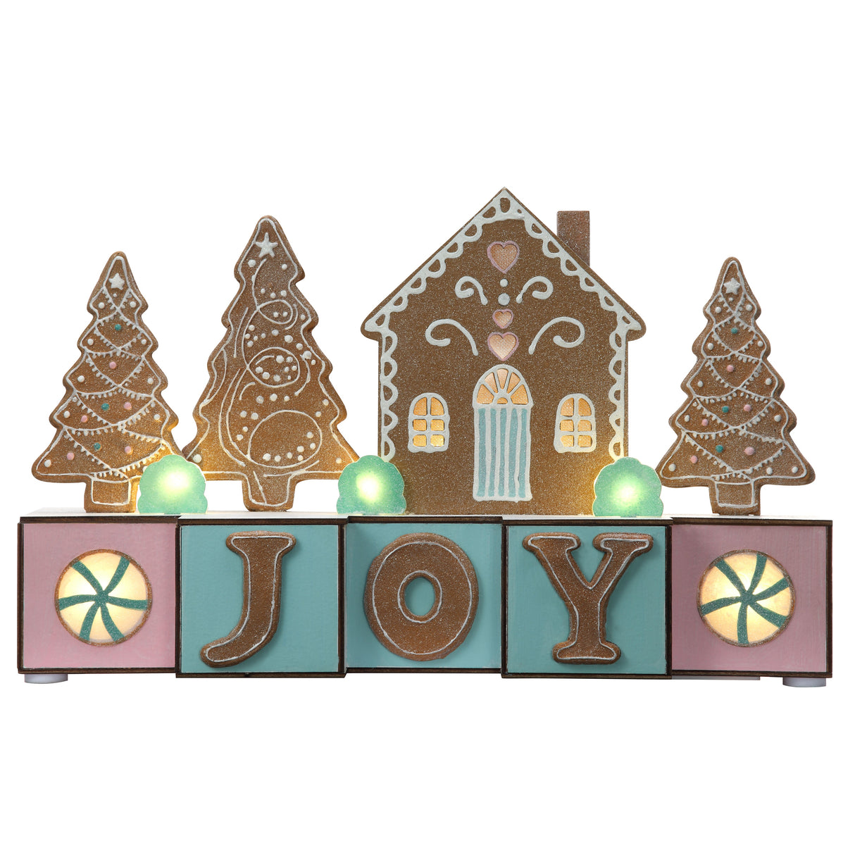 Seasonal & Holiday Decorations - JOY Blocks With Gingerbread House And Trees, LED Lights, 15 Inches Long
