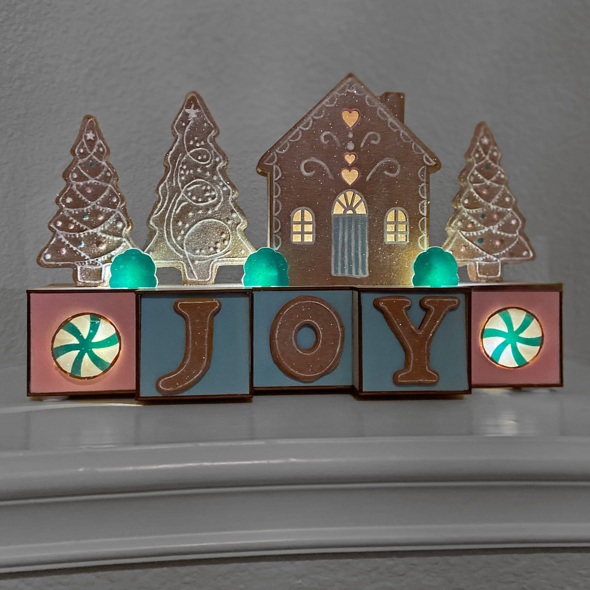 Seasonal & Holiday Decorations - JOY Blocks With Gingerbread House And Trees, LED Lights, 15 Inches Long