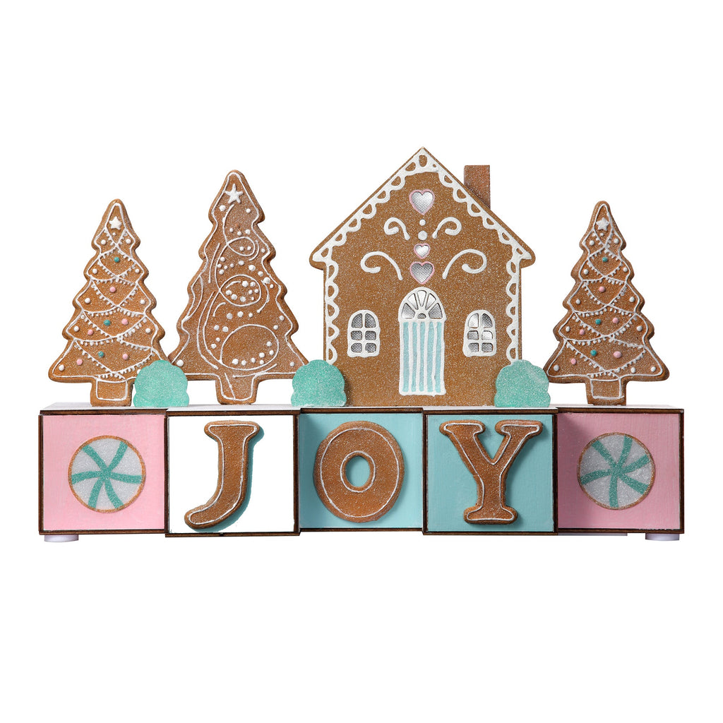 Seasonal & Holiday Decorations - JOY Blocks With Gingerbread House And Trees, LED Lights, 15 Inches Long
