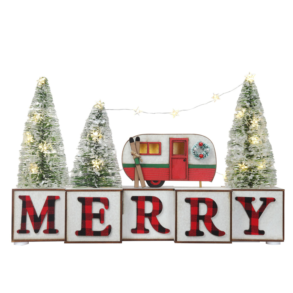 Seasonal & Holiday Decorations - MERRY Blocks With Camper And Trees, LED Lighted, 15 Inches Long