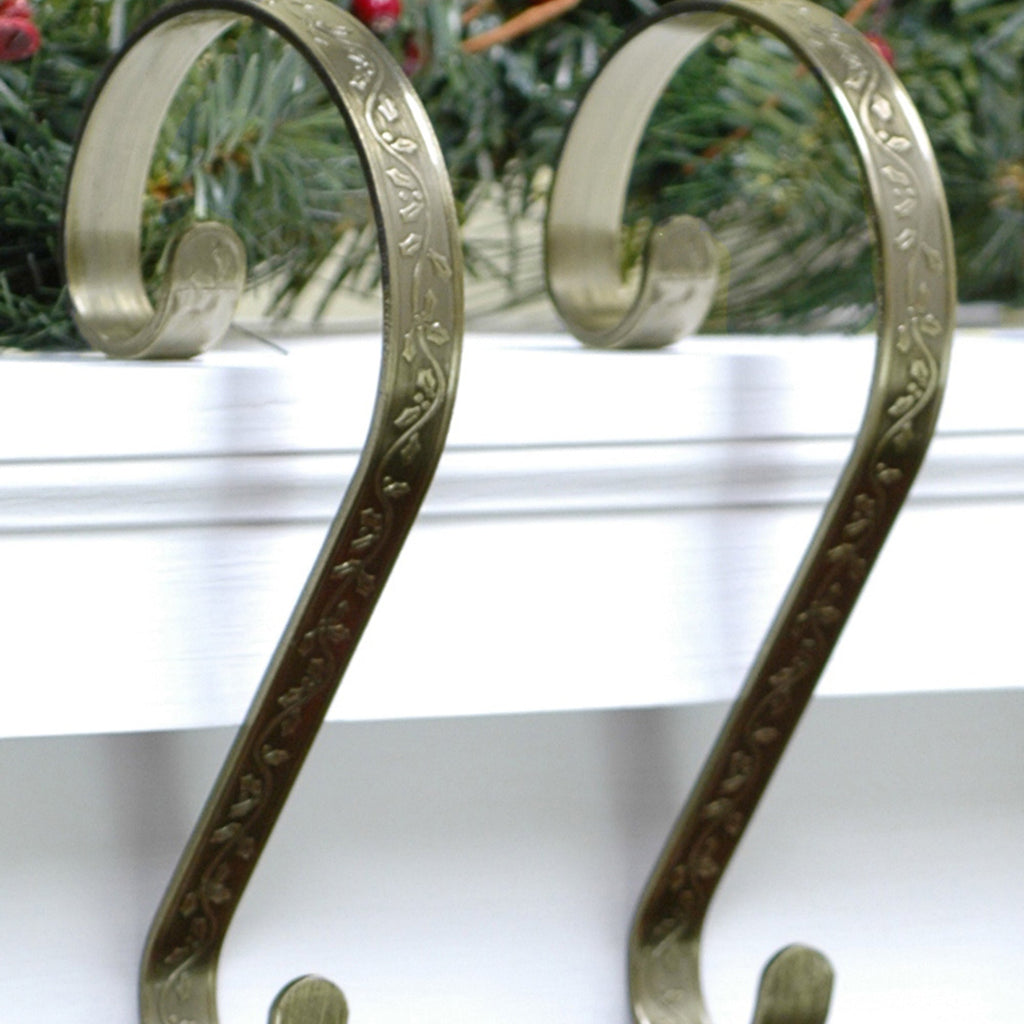 Stocking Holder - Stocking Scrolls® - Embossed Holly - Antique Brass