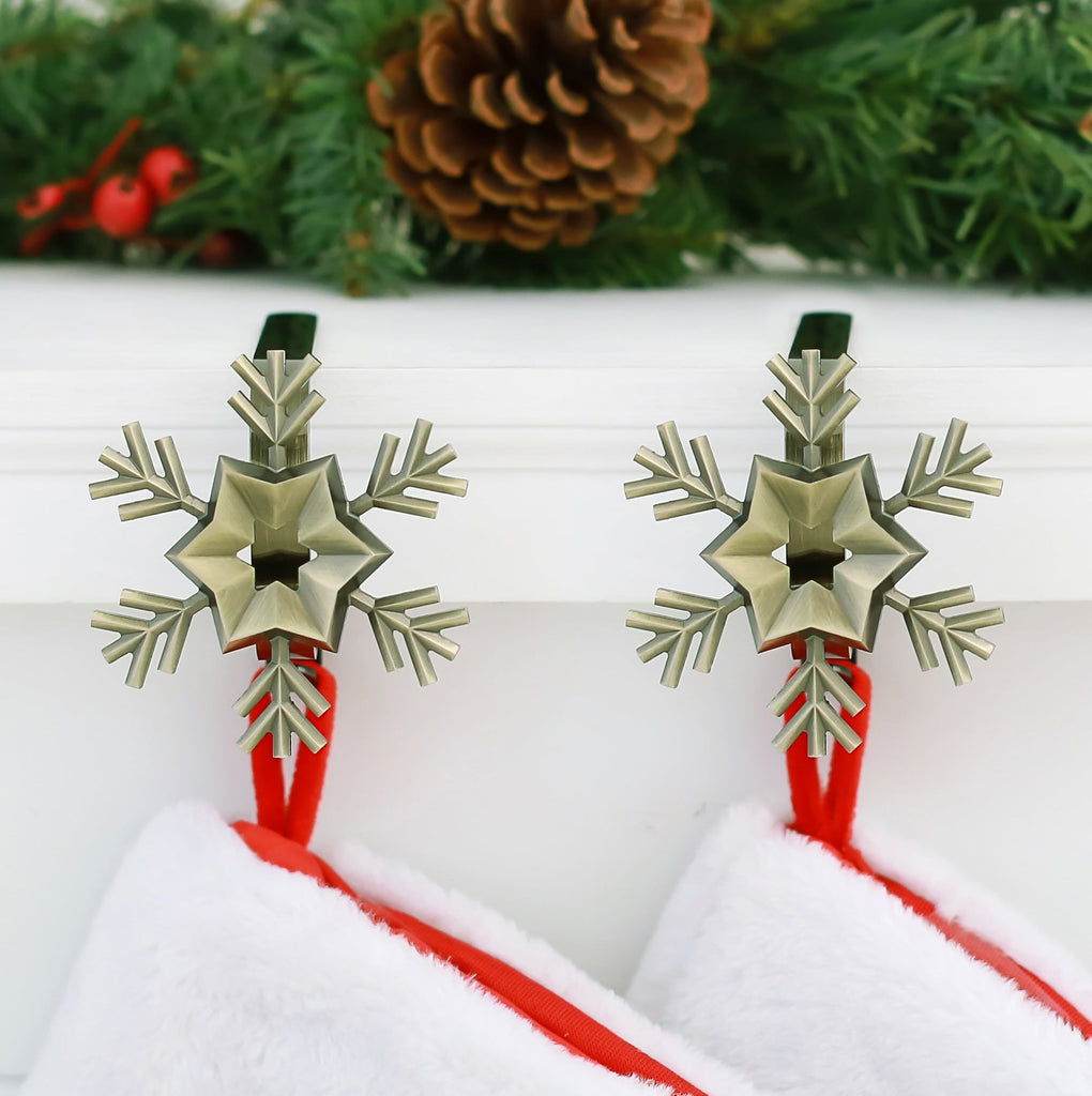 Stocking Holder - The Original MantleClip® Stocking Holder With Removable Metal Holiday Icons, 2 Pack - Antique Brass Snowflake