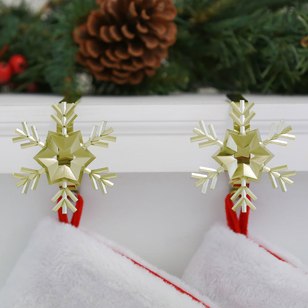 Stocking Holder - The Original MantleClip® Stocking Holder With Removable Metal Holiday Icons, 2 Pack - Gold Snowflake