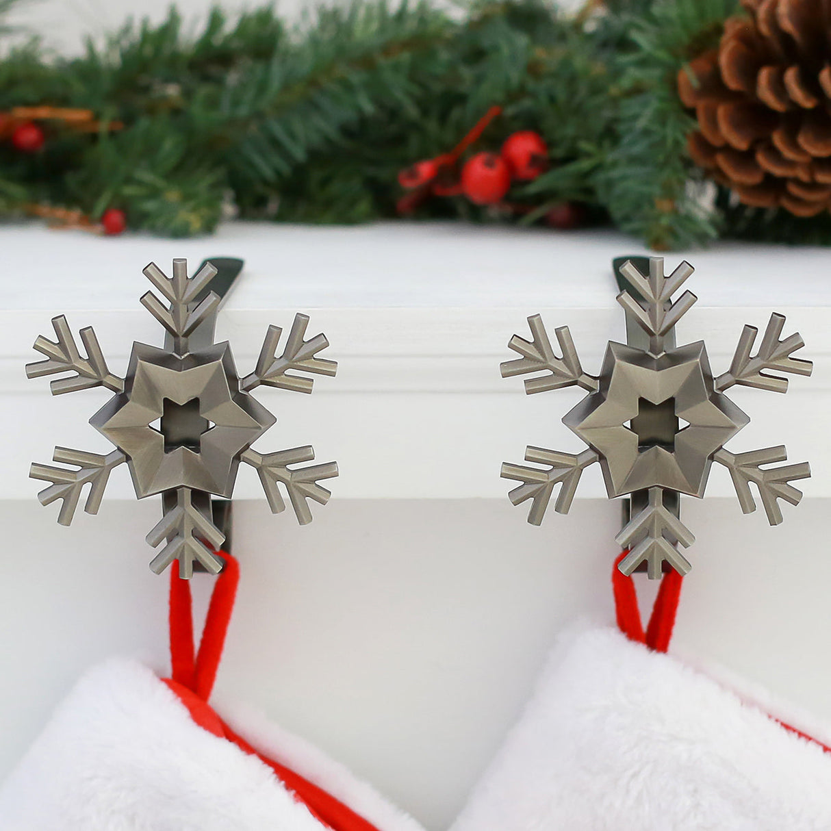 Stocking Holder - The Original MantleClip?« Stocking Holder With Removable Metal Holiday Icons, 2 Pack - Pewter Snowflake