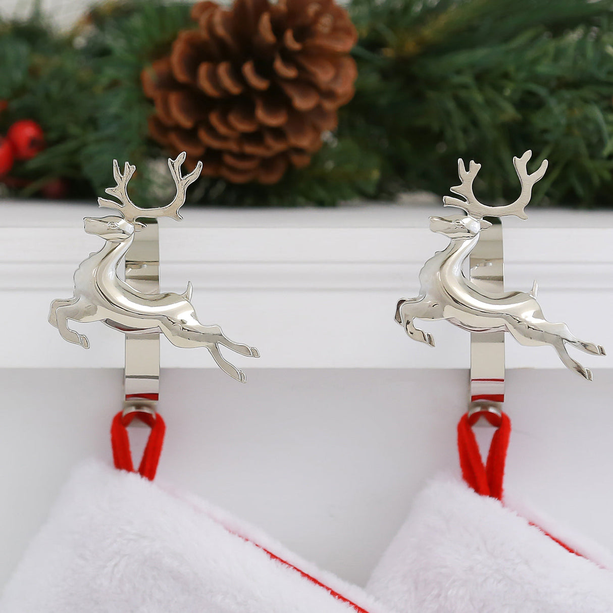 Stocking Holder - The Original MantleClip?« Stocking Holder With Removable Metal Holiday Icons, 2 Pack - Silver Reindeer