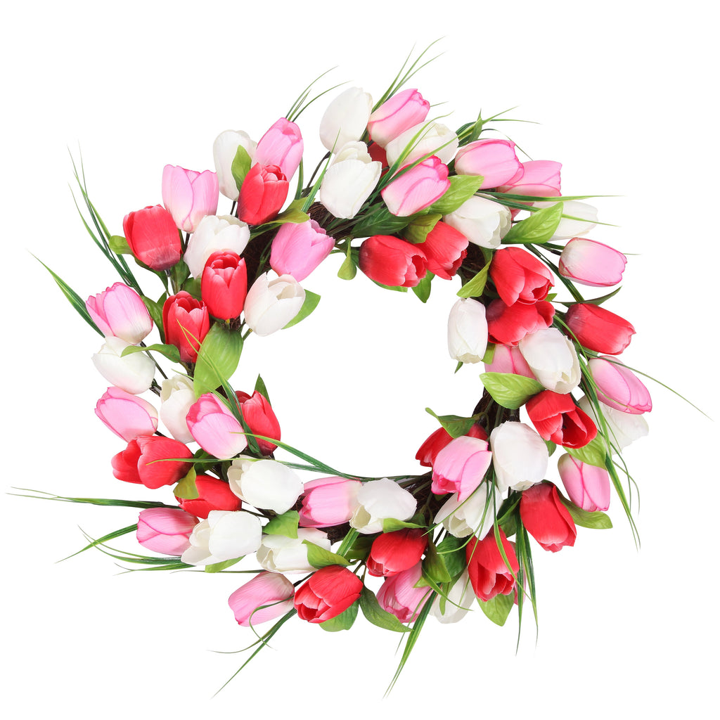 Wreath - 22 Inch Tulip Wreath, Mixed Colors With Grapevine Base