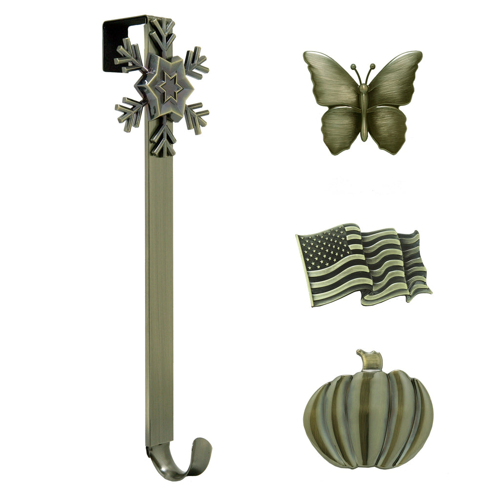 Wreath Hangers - Adapt™ Adjustable Length Wreath Hanger With 4 Interchangeable Icons - Antique Brass