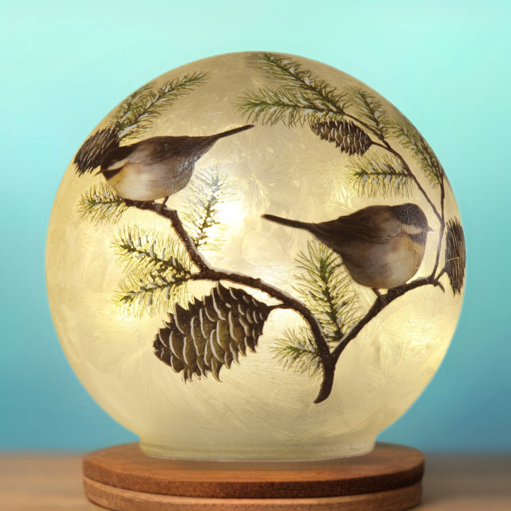 6 Inch Diameter Lighted Christmas Globe- Chickadees With Pine Cones
