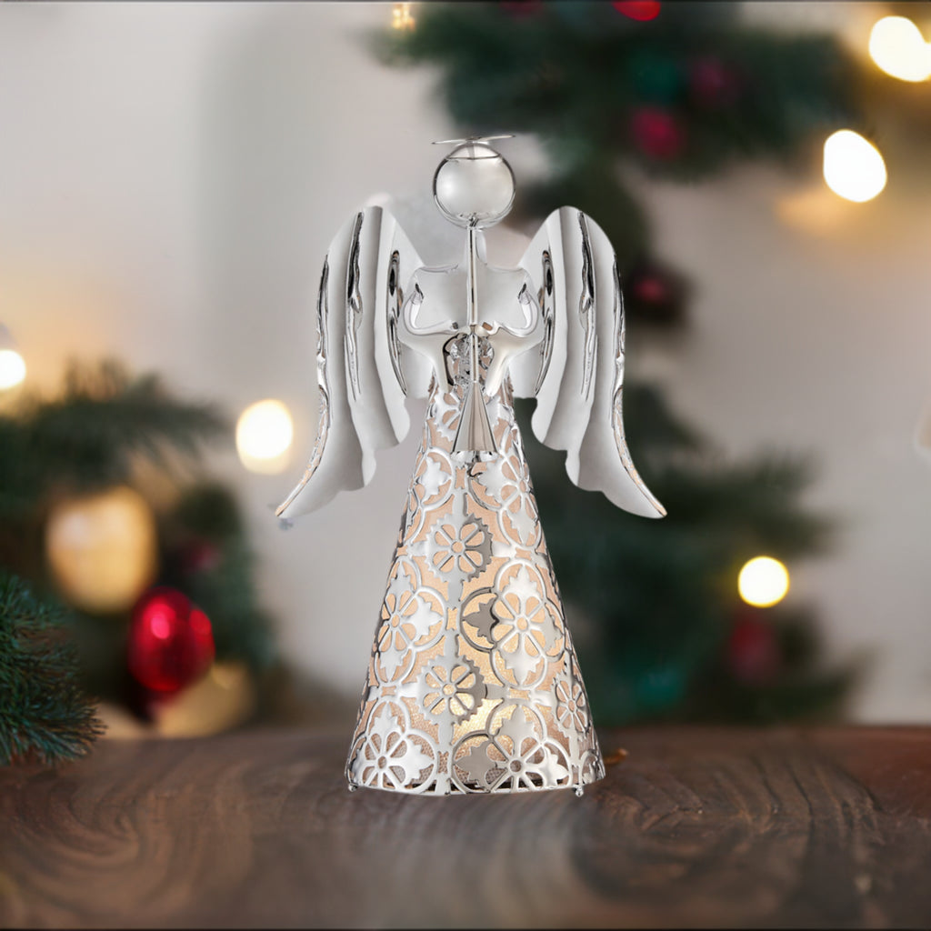 9 Inch LED Pre-lit Silver Plastic Tabletop Angel Christmas Decor With Built-in Timer