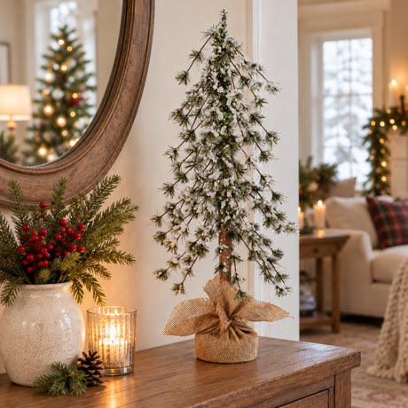 Snow Capped 24 Inch Tall Unlit Alpine Tree with Wrapped Burlap Base