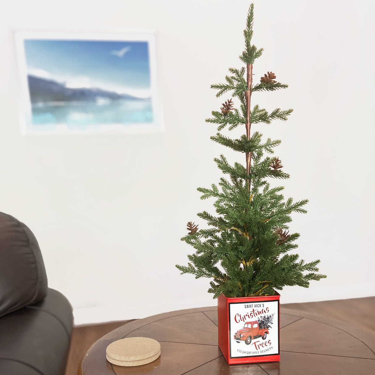 24 Inch Potted Tree with Pinecones, Metal Pot with Classic Red Truck