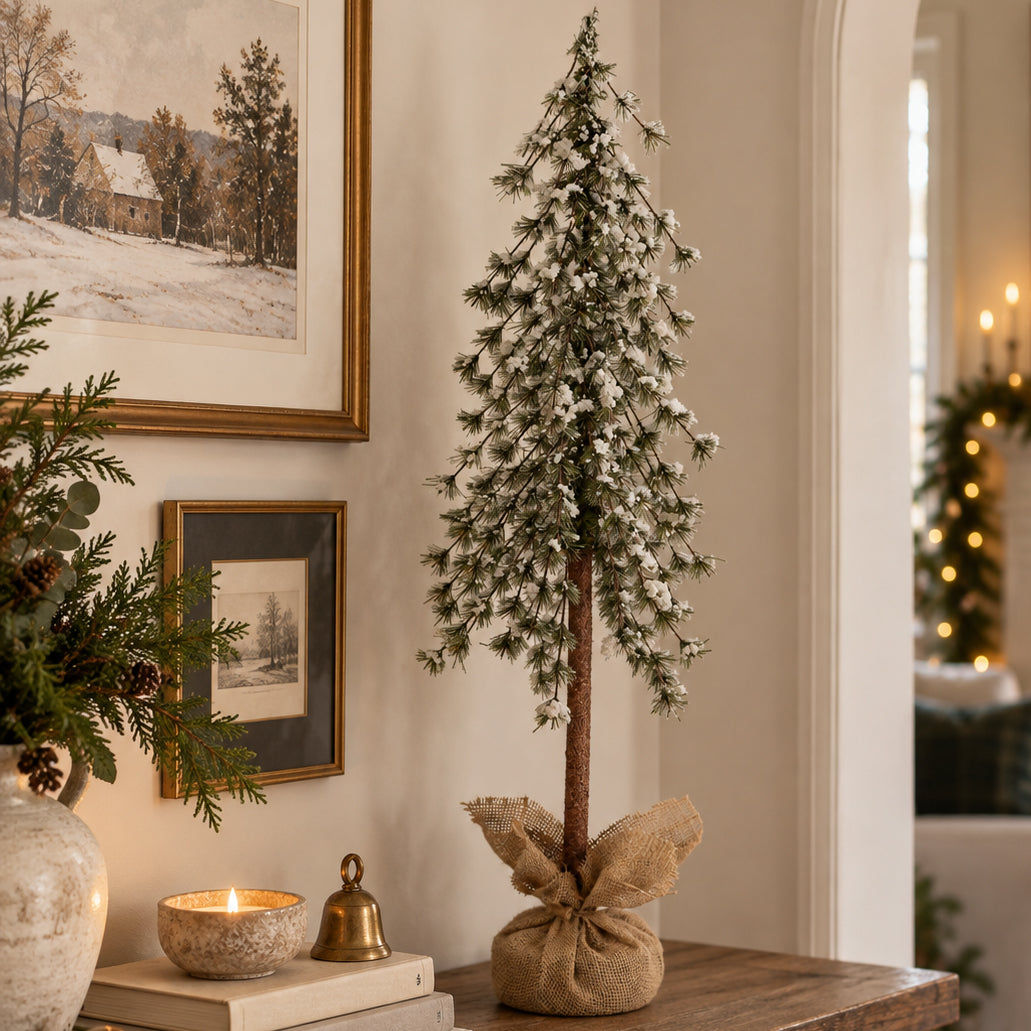 Snow Capped 36 Inch Tall Unlit Alpine Tree with Wrapped Burlap Base