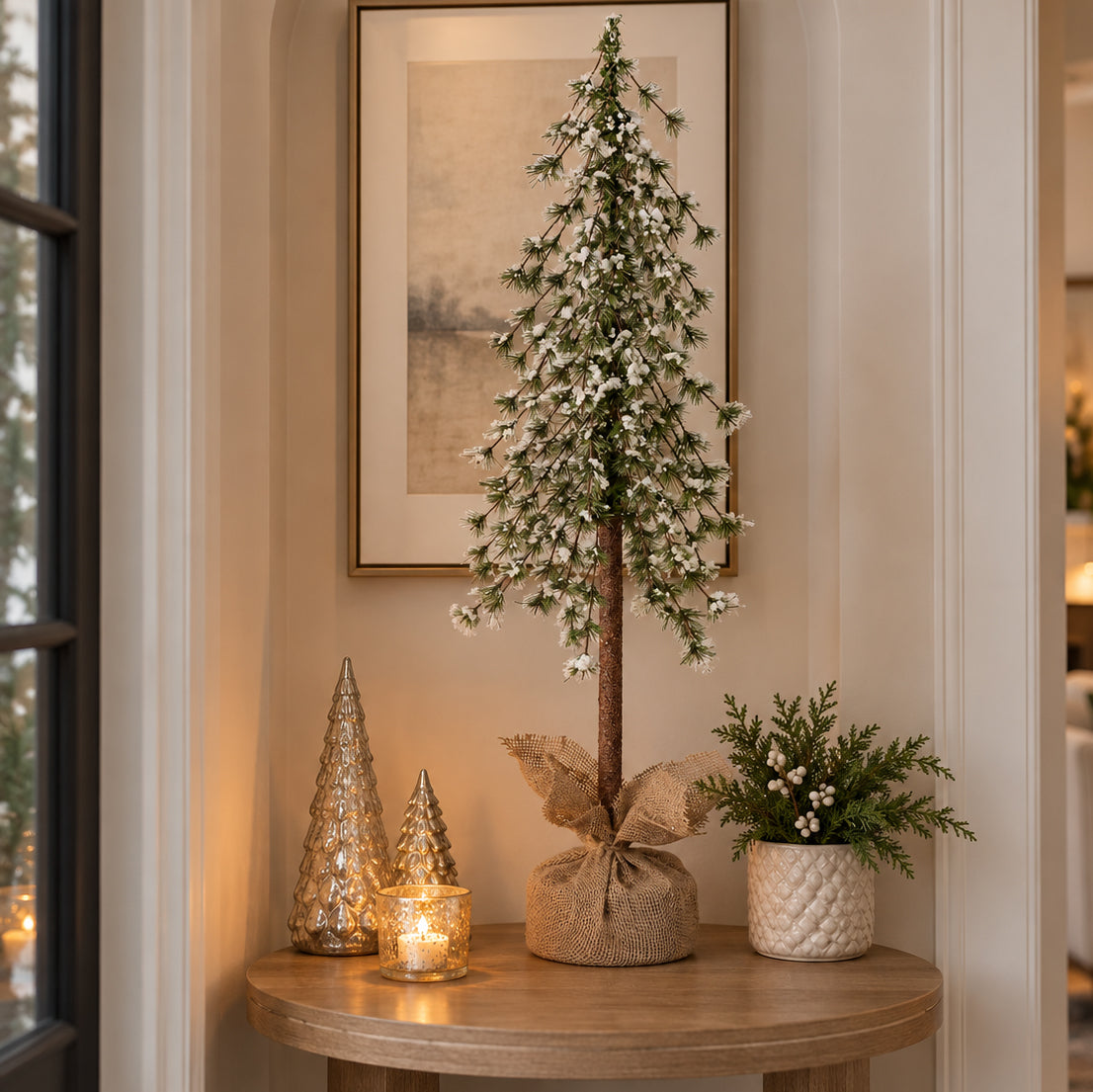 Snow Capped 36 Inch Tall Unlit Alpine Tree with Wrapped Burlap Base
