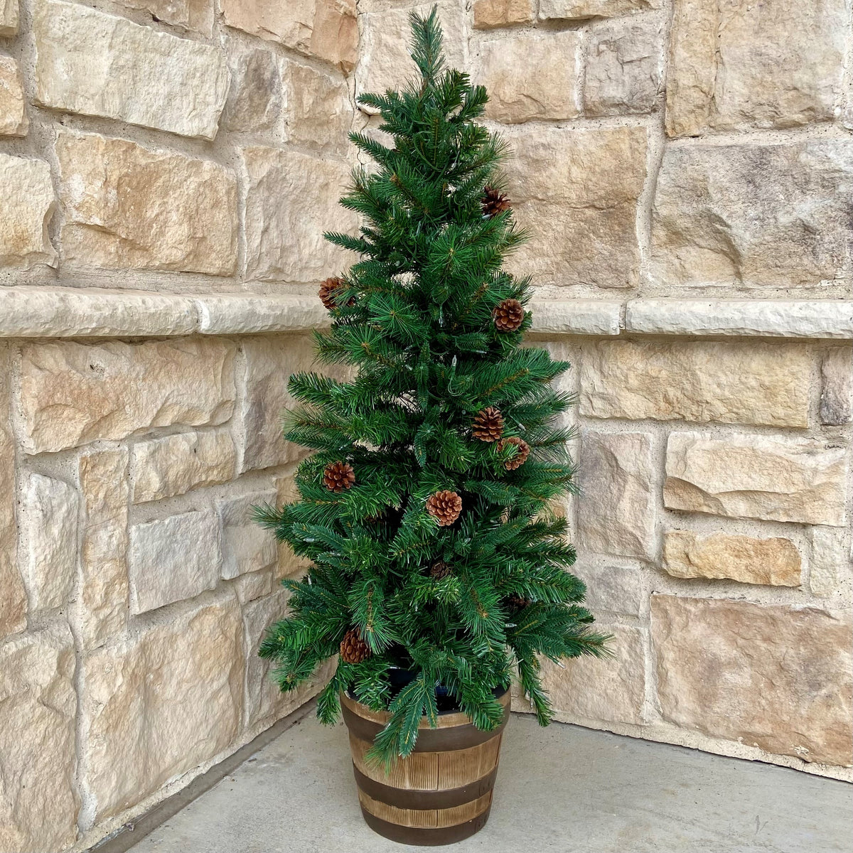4 Foot Tall Whiskey Barrel Potted Trees with Real Pinecones (Set of 2 Potted Trees)