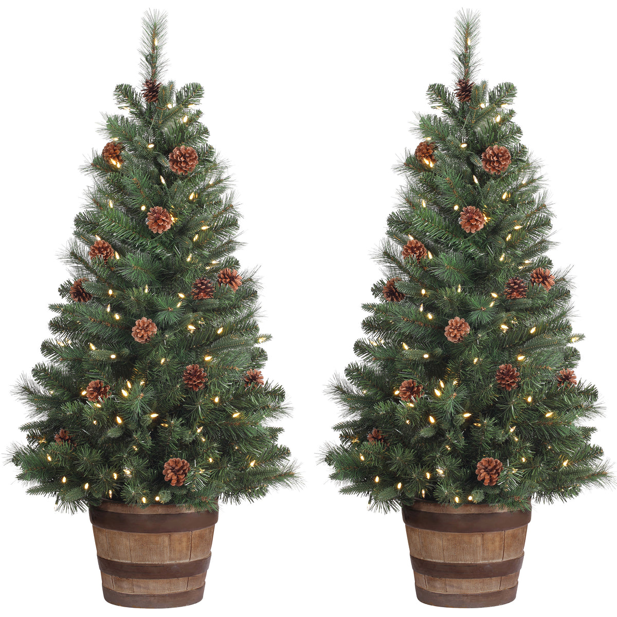 4 Foot Tall Whiskey Barrel Potted Trees with Real Pinecones (Set of 2 Potted Trees)