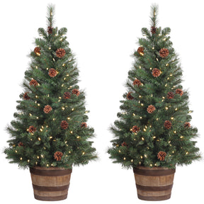4 Foot Tall Whiskey Barrel Potted Trees with Real Pinecones (Set of 2 Potted Trees)