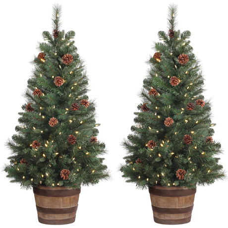 4 Foot Tall Whiskey Barrel Potted Trees with Real Pinecones (Set of 2 Potted Trees)