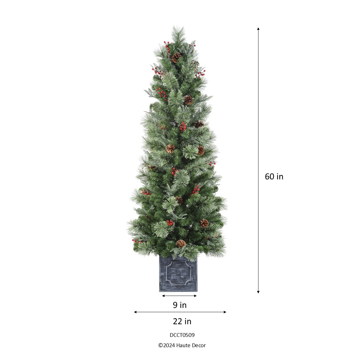 5 Foot Pre-Lit Classic Potted Christmas Tree with 200 Warm White LED Lights, Red Berries, and Real Pinecones - Potted Tree for Front Porch, Indoor or Outdoor Use