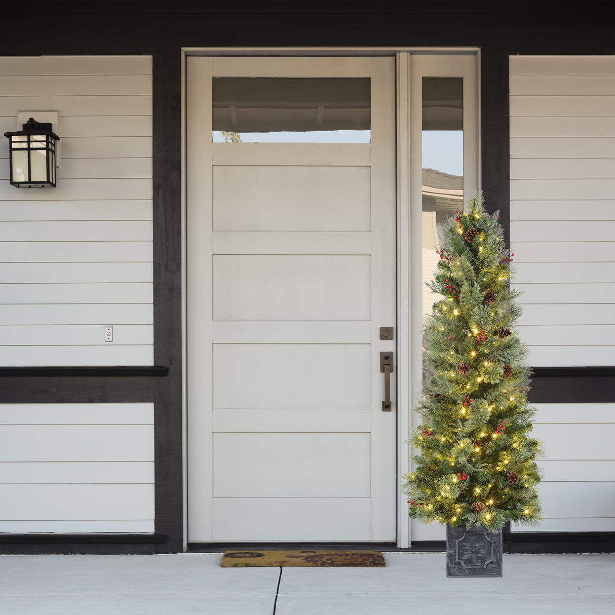 5 Foot Pre-Lit Classic Potted Christmas Tree with 200 Warm White LED Lights, Red Berries, and Real Pinecones - Potted Tree for Front Porch, Indoor or Outdoor Use