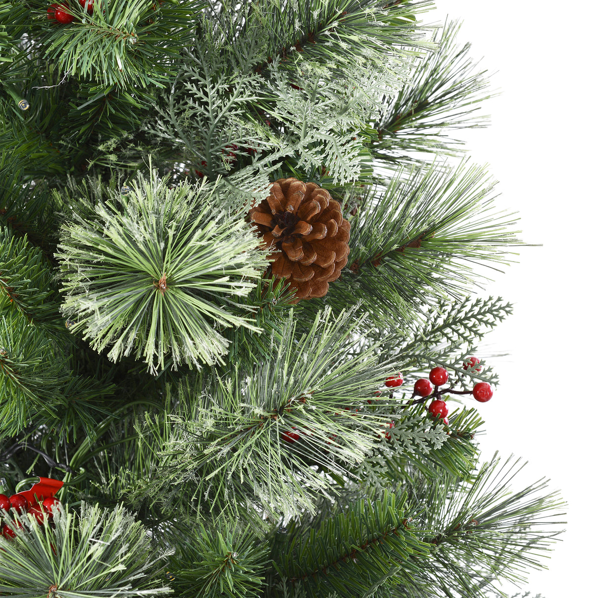 5 Foot Pre-Lit Classic Potted Christmas Tree with 200 Warm White LED Lights, Red Berries, and Real Pinecones - Potted Tree for Front Porch, Indoor or Outdoor Use