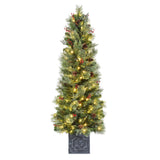 5 Foot Pre-Lit Classic Potted Christmas Tree with 200 Warm White LED Lights, Red Berries, and Real Pinecones - Potted Tree for Front Porch, Indoor or Outdoor Use